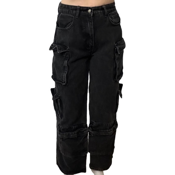 PrettyLittleThing Cargo Pants Jeans Wide Leg Denim Black Streetwear Size 4 Small - Picture 1 of 7